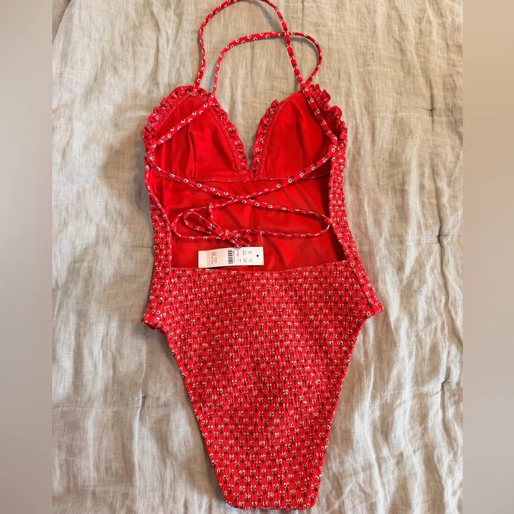 J. Crew Bright Red Textured V-Neck One-Piece Swimsuit